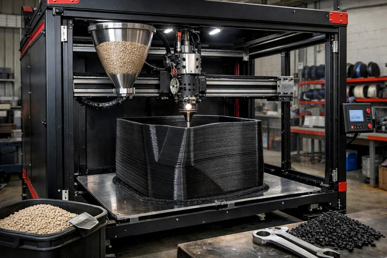 Large-format pellet 3D printer depositing a large component
