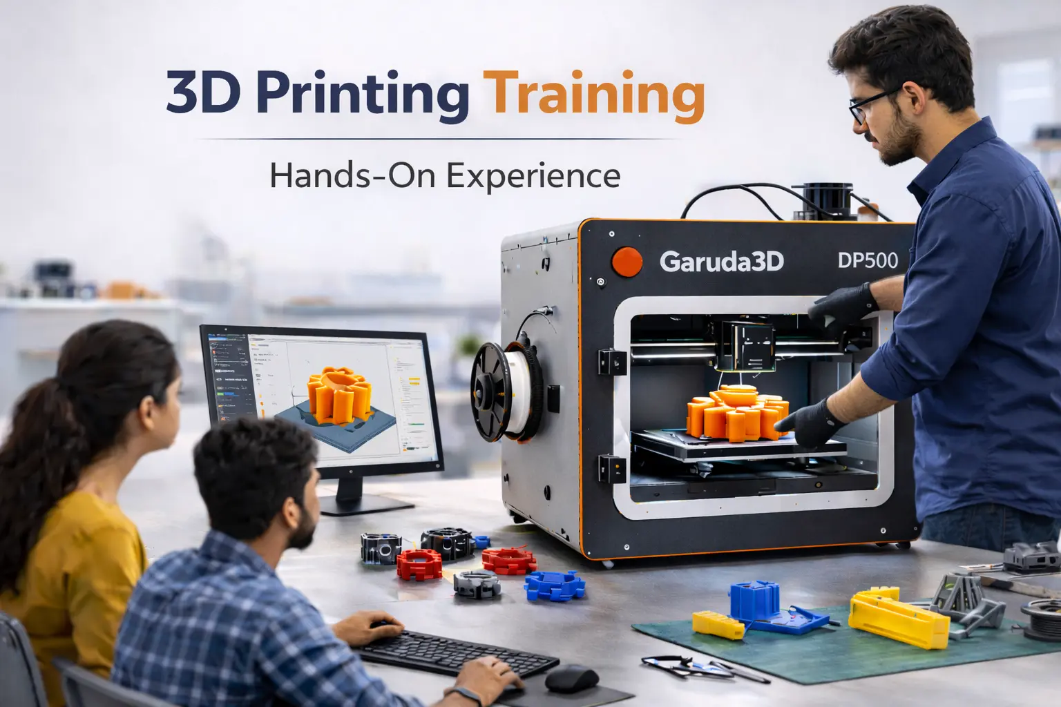 Garuda3D Academy 3D printing training lab Hyderabad India — hands-on additive manufacturing education facility