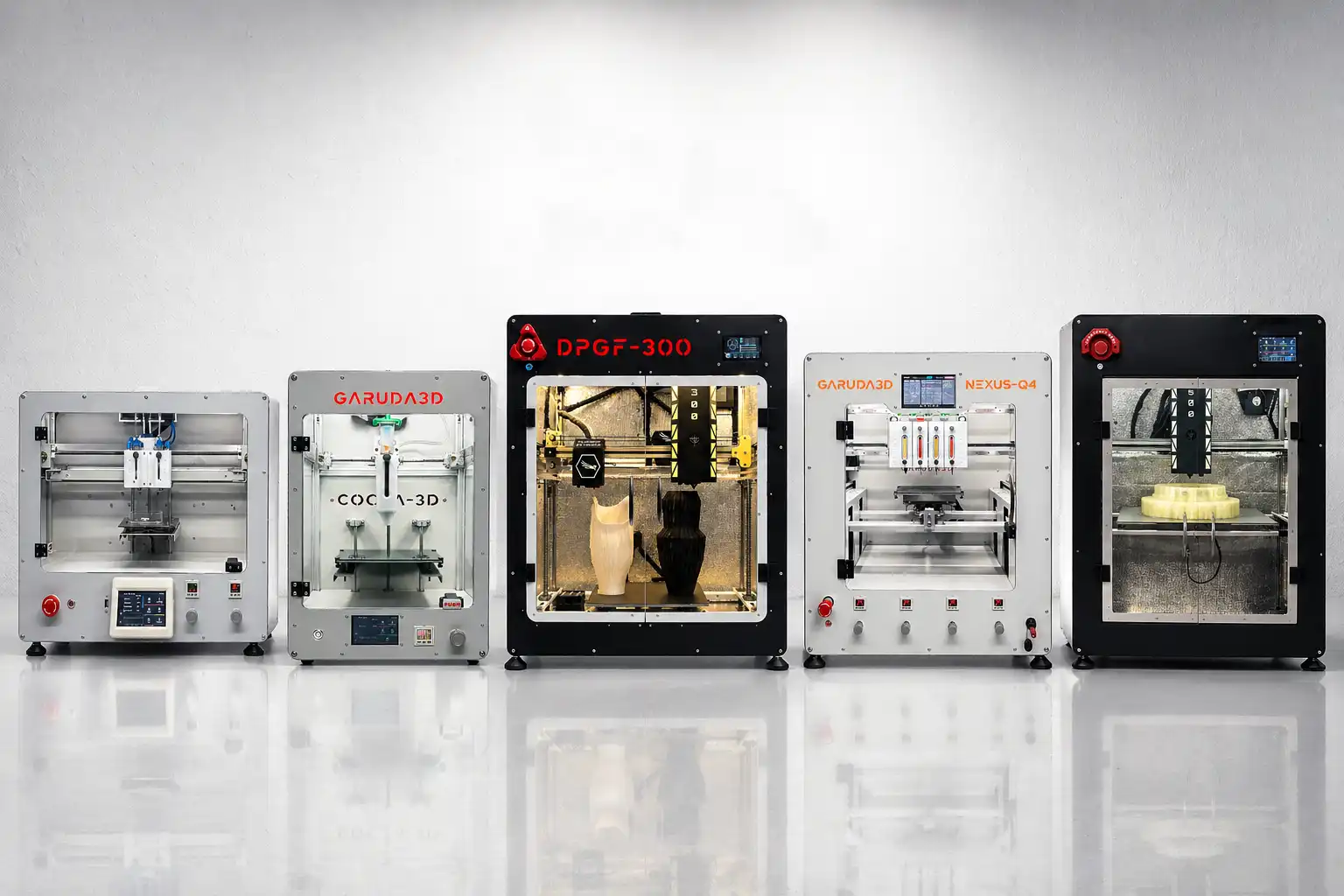 Garuda3D's full lineup of industrial 3D printers — FFF, pellet, IDEX and large-format systems