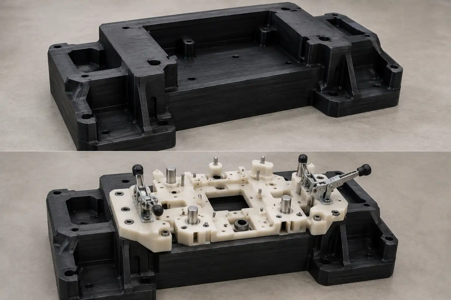 Jigs and fixtures printed using both pellet and filament extrusion systems