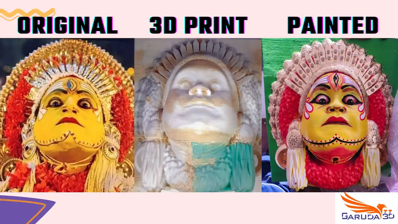 Traditional Theyyam mask replica showing original, 3D print and painted finish stages