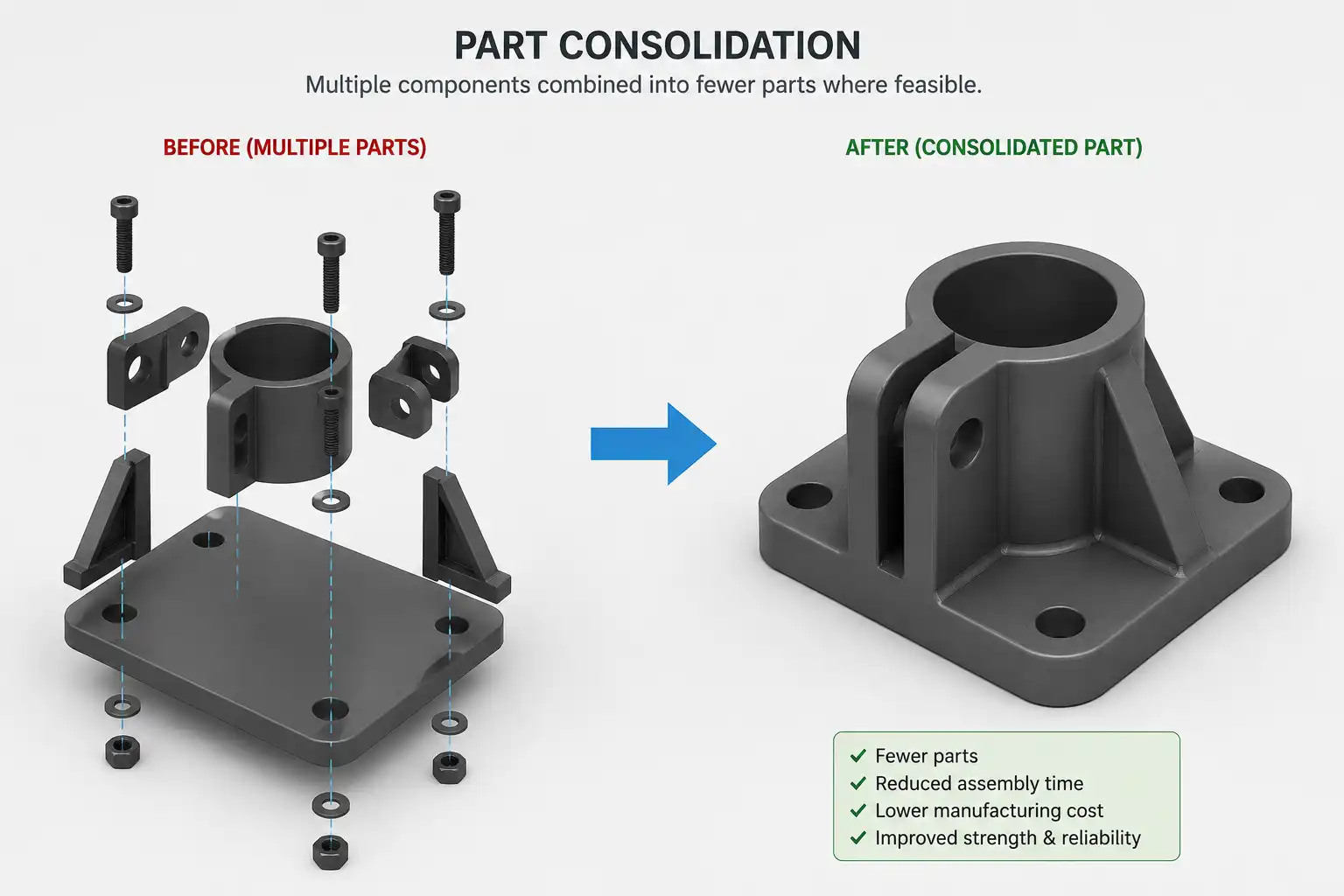 Part consolidation DFAM example — multiple parts merged into one 3D printed component